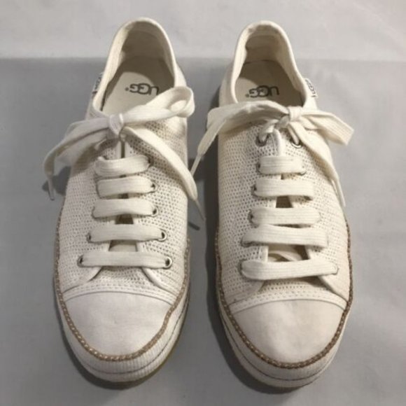 UGG LAUDI 1020094 SZ 7 Lace up Cream Beige Tan Fabric Sneakers Shoes VGC - Picture 1 of 11